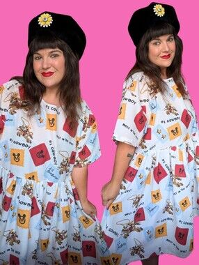 Handmade, Upcycled Disney's Mickey Mouse Cowboy Bedsheet Dress Oversized XL